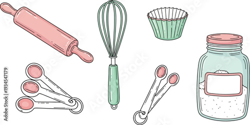 Baking tools collection with rolling pin whisk measuring spoons cupcake liner and jar on transparent background vector