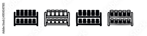 Front View Spice Rack Illustrations Set, Kitchen Seasoning Organizer Black and White Icons