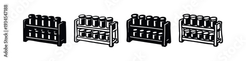 Isometric Spice Rack Icons with Bottles, Black and White Kitchen Seasoning Storage Illustrations