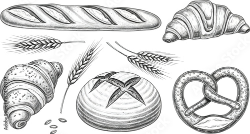 Bakery product assortment with baguette croissant pretzel and wheat ears engraving style on transparent background vector