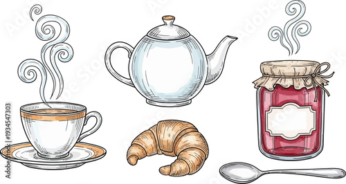 Breakfast set with steaming coffee cup teapot croissant jam jar and spoon ideal for morning meal themes