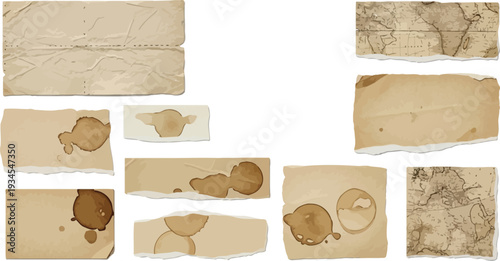 Collection of old vintage paper scraps with torn edges and coffee stains suitable for antique backgrounds