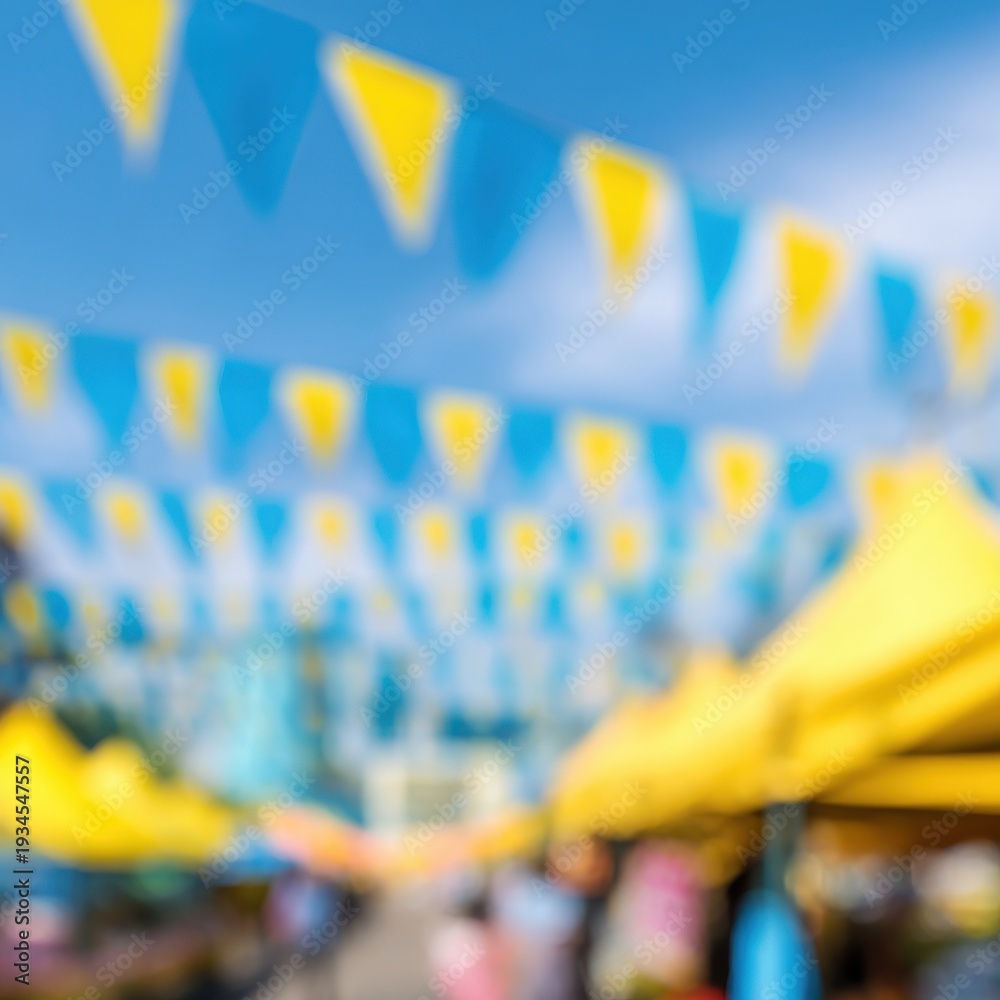 Fototapeta premium Community fair with yellow and blue pennants rows of tents blurred mixed male female mixed race adults festive street fair atmosphere