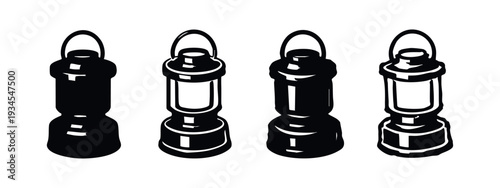 Monochrome vector set of camping lanterns. Essential outdoor gear for night illumination and camping trips.