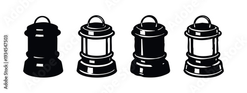 Vector illustration set of camping lanterns. Simple black silhouettes and outlines of outdoor lighting gear.