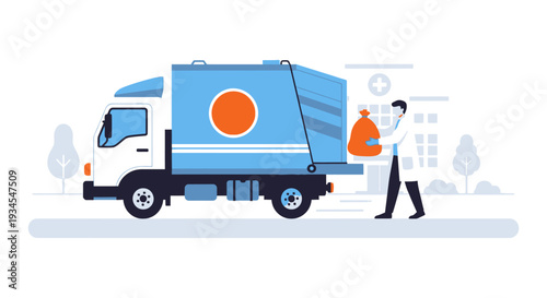 Hospital Biohazard Waste Disposal: Doctor with Red Bag and Specialized Collection Truck