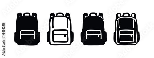 Minimalist Black Backpack Icons Set for Travel and Education
