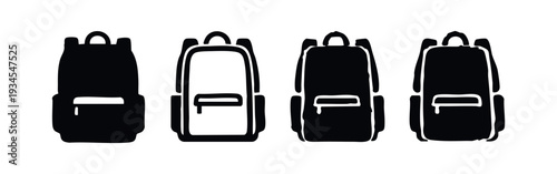 Simple Black Backpack with Zipper Icons Set for School and Travel