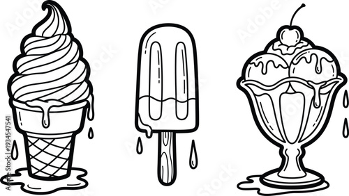 Ice cream vector set hand drawn soft serve popsicle and sundae dessert with cherry isolated on transparent