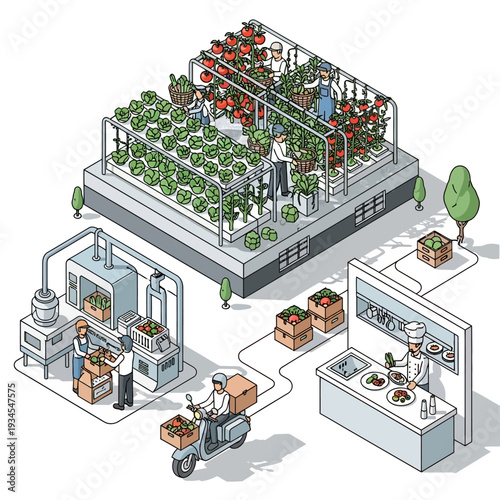 An isometric illustration depicting a sustainable urban farming system, from cultivation to delivery and preparation.
