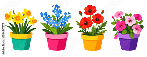 Flat vector collection of four bright flowerpots with different blossoms and colors, isolated on white. Perfect for spring branding, stickers, and garden themes.
