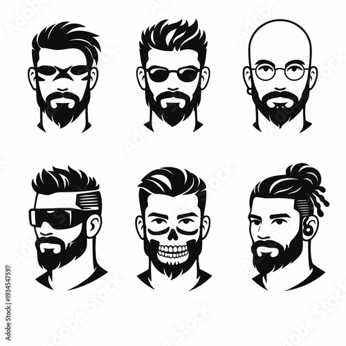 Set of six black male avatars with beards, sunglasses, round glasses and one skull face mask. Bold silhouette portraits for edgy barber logos, street style branding, isolated on white.