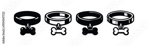 Dog Collar with Bone Tag Icon Set | Pet Accessory Black Silhouette Vector Illustration