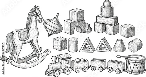 Vintage children wooden toys set including horse, train, building blocks, drum, and spinning top