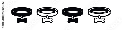 Dog Collar with Bone Tag Icon Set | Pet Accessory Black Silhouette Vector Illustration