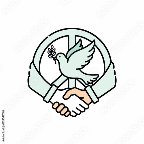 Handshake with dove and olive branch.