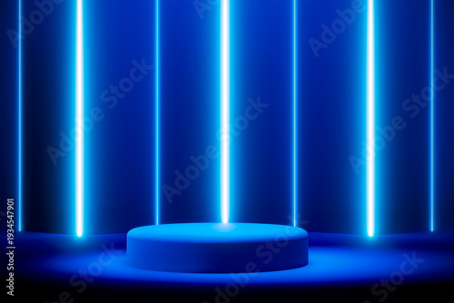 Blue neon podium with glowing light on dark studio background