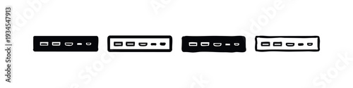 USB hub or power strip icons set. Electronic device symbols in flat and outline styles.