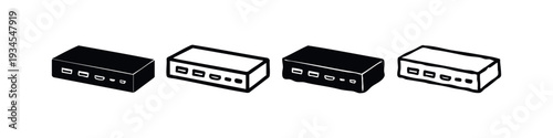 Set of USB hub or network router icons in isometric view. Electronic device symbols.