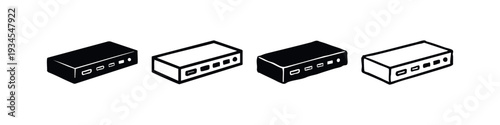 Set of isometric USB hub or power adapter icons. Electronic connectivity device symbols.