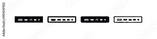 Collection of power strip or multi-port hub icons. Front view electronic device symbols.