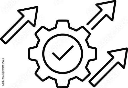 Process optimization gear with check mark and upward arrows line icon for business growth improvement efficiency performance concept