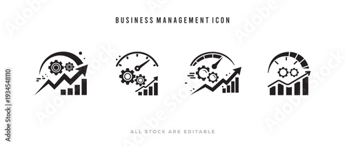 icon set of Business Growth management strategy Performance vector illustration for Statistics, Revenue Growth and KPI Indicator with Gears, Speedometer and Upward Chart