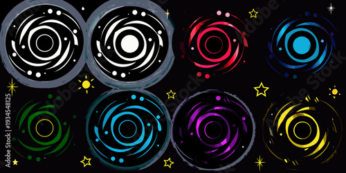 Colorful spiral designs with stars against a dark black background