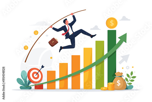 Businessman pole vaulting over a rising bar chart representing financial growth, profit increase, and business success. Concept of achievement, investment strategy, and economic market progress.
