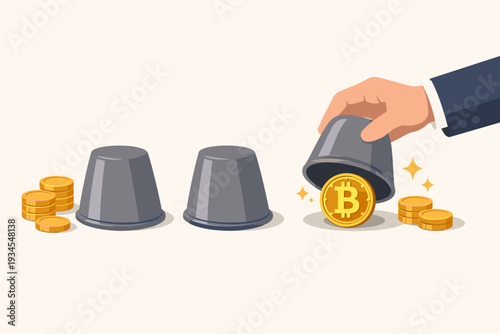 Businessman hand lifting a cup to reveal a golden Bitcoin coin in a shell game, symbolizing cryptocurrency investment risks, gambling, making profit, and financial strategy in digital assets.