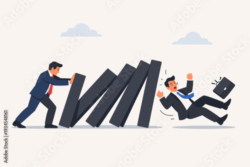 Businessman pushing a row of falling dominoes to knock down a competitor, corporate sabotage and business failure concept, domino effect in workplace, flat vector illustration of rivalry.