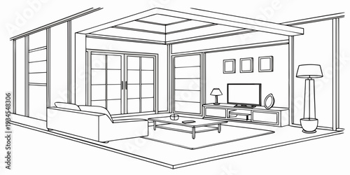 A modern living room with a fireplace, television, and large windows.