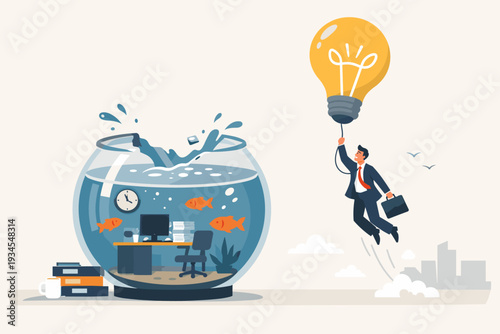 Businessman Flying Away from Office Fishbowl with Lightbulb Balloon, Entrepreneurship Concept of Escaping Routine Job to Start New Business, Creative Idea for Career Freedom and Innovation