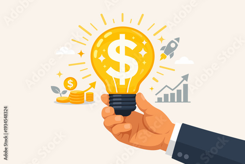 Hand holding a glowing lightbulb with a dollar sign symbol, representing a creative business idea, financial investment, wealth growth, startup success, and profitable money-making strategy.