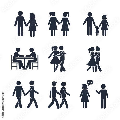 Collection of various relationship and communication icons in black