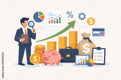 Professional businessman analyzing financial data with magnifying glass, piggy bank, money bag, and growth charts representing investment strategy, capital management, and profit maximization.
