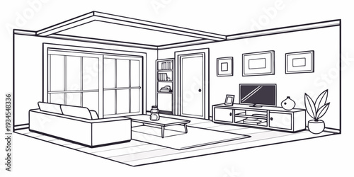 A modern living room with a large window and a cozy seating area.