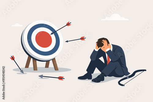 Frustrated Businessman in Suit Sitting in Despair After Missing Archery Target with Bow and Arrow. Concept of Business Failure, Disappointment, Unsuccessful Goals, and Loss of Motivation.