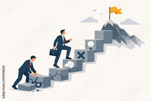 Businessman building a staircase from failures and challenges to reach the mountain peak of success. Concept of learning from mistakes, persistence, career growth, and ambition to achieve goals.