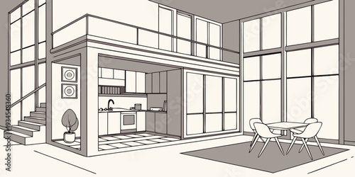 Modern living room with large windows and minimalist furniture