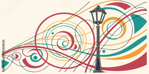 Vibrant abstract art featuring a street lamp with swirling colorful patterns.