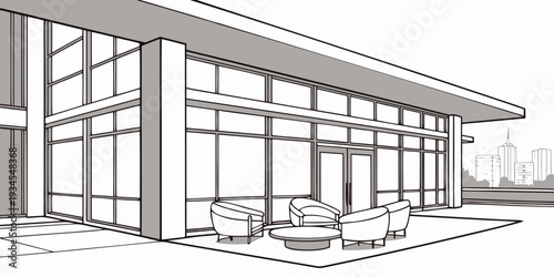 Modern architectural building with large glass windows and a minimalist design