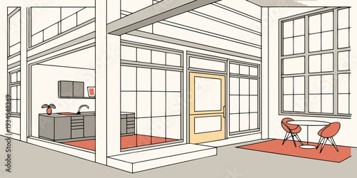 Modern living room with large windows and a cozy fireplace