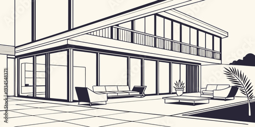 Modern architectural design with large windows and minimalist furniture