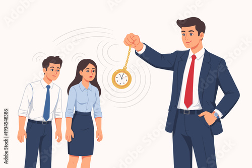 Leadership Concept of a Businessman Using a Pocket Watch to Hypnotize and Control Employees, Representing Persuasion, Influence, Manipulation, and Corporate Power in a Professional Workplace.