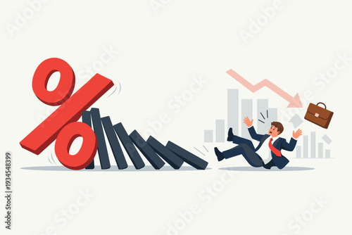 Interest Rate and Inflation Percent Impact on Global Economy and Investment Market, Federal Reserve Monetary Policy Domino Effect Causing Financial Crisis, Recession, and Business Failure Concept