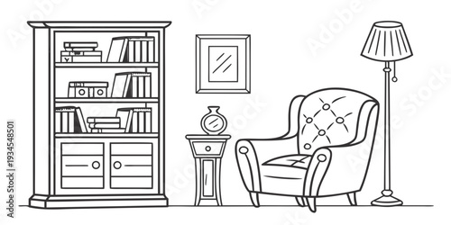 A cozy reading corner with a comfortable chair and a tall bookshelf filled with books.