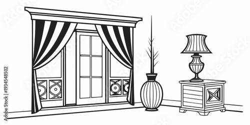 A vintage room with a striped curtain, a lamp, and a table