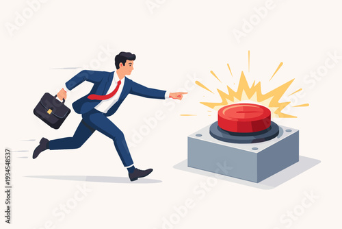 Businessman in formal suit running fast to press a big red emergency button. Concept of business launch, startup initiation, crisis management, urgent action, and starting a new project or mission.