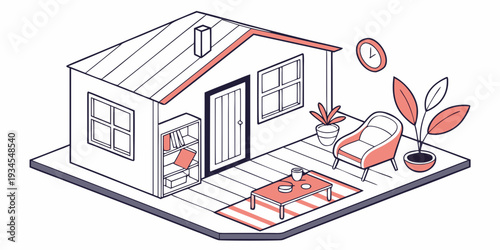 A cozy house with a cat and a bird enjoying a sunny day on the porch